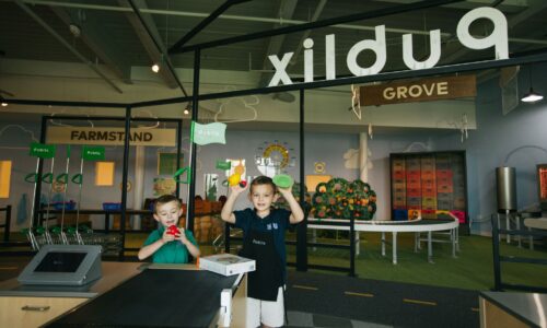 two boys playing in the city play exhibit at florida children's museum